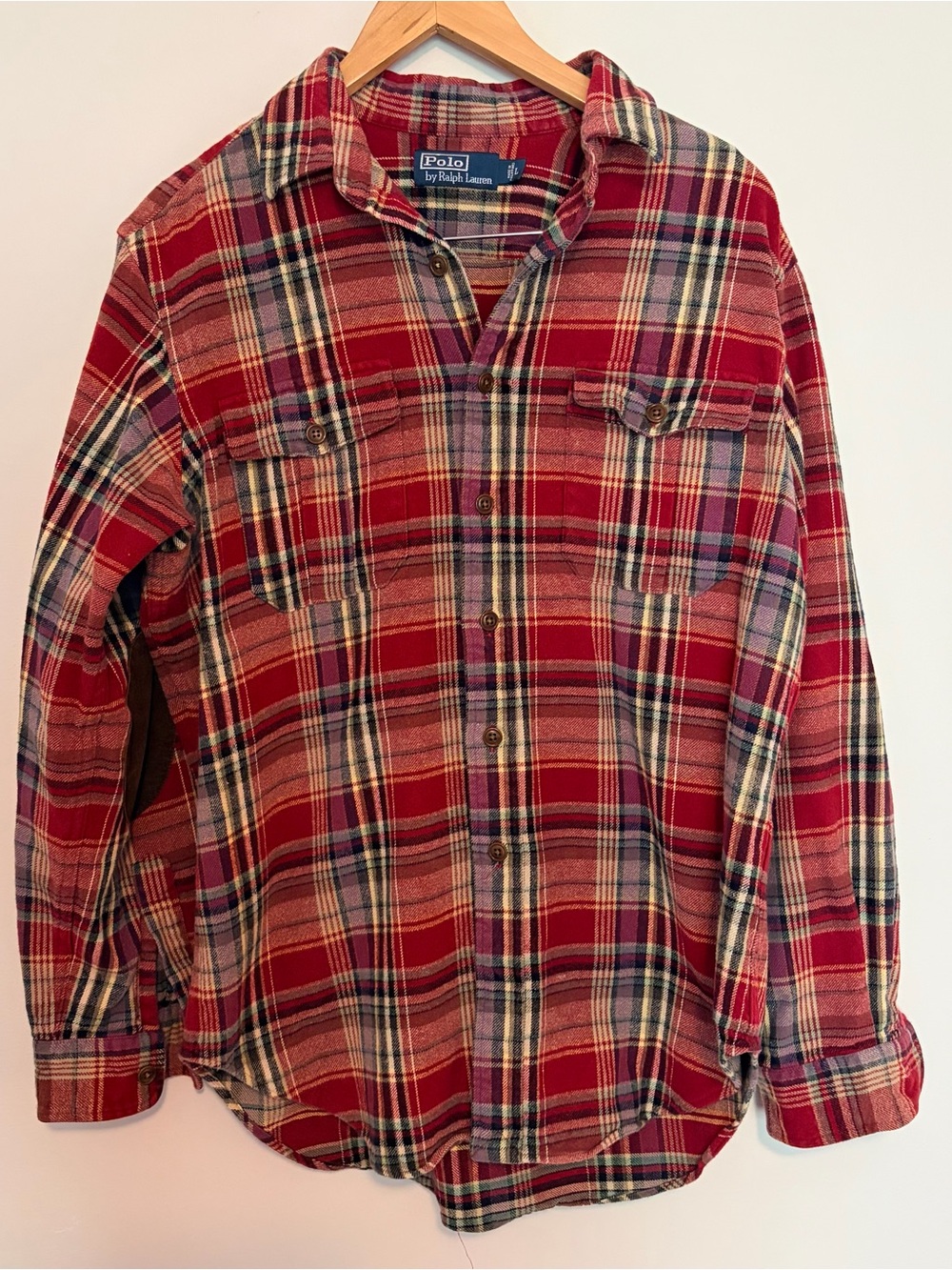 Polo Ralph Lauren Flannel Mens Large Red Multicolor Plaid Elbow Patch